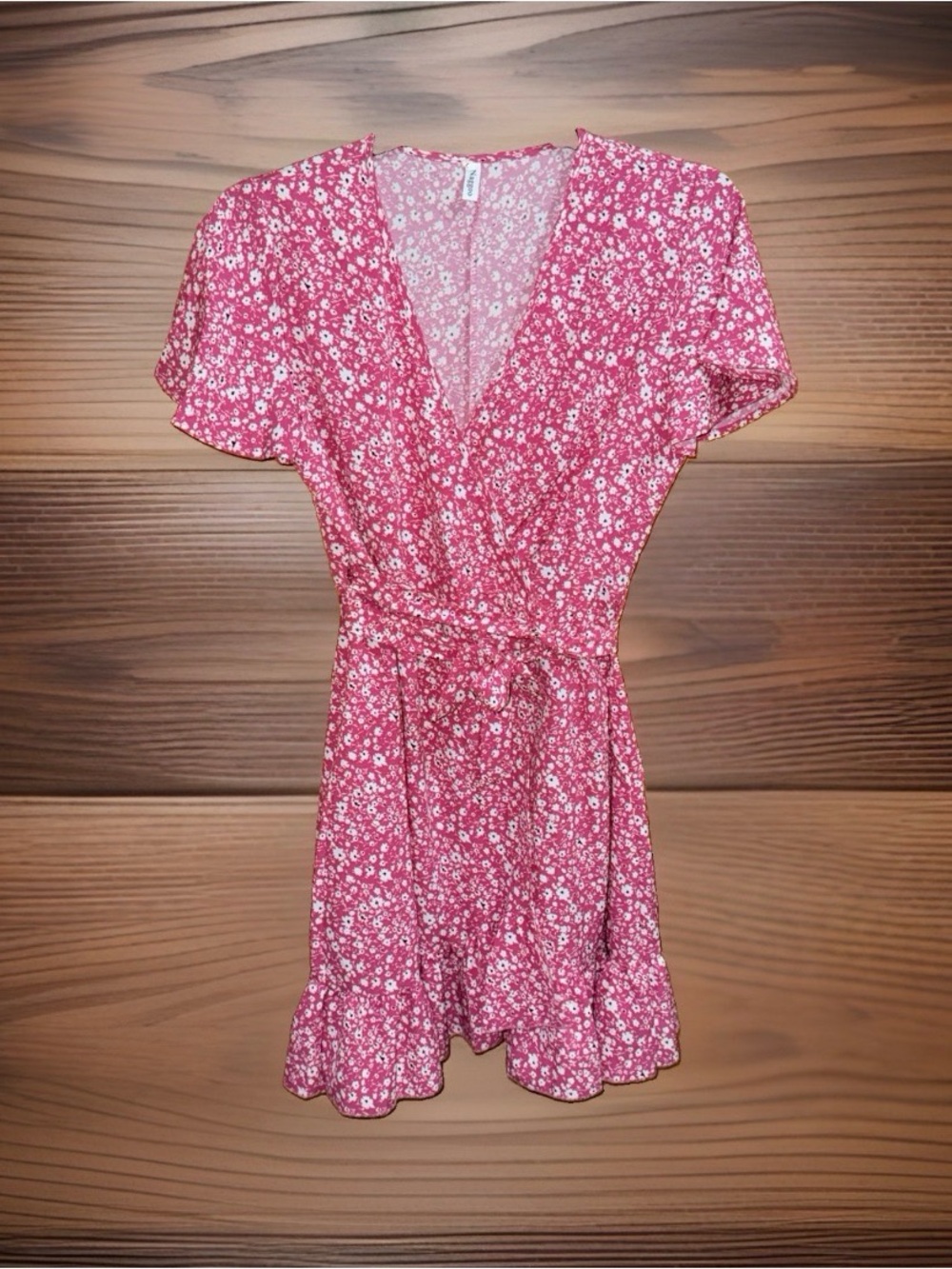 Nagggoo Women’s Pink Floral Wrap Mini Dress-L-EC